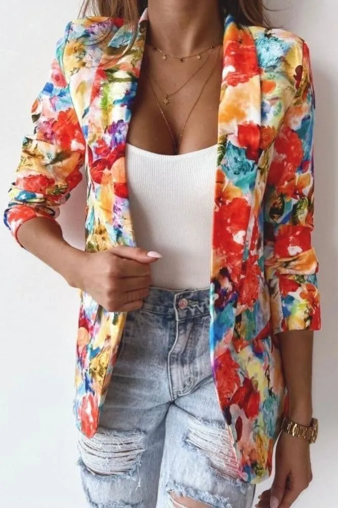 Orange Floral Lapel Detail Ruched Sleeve Blazer