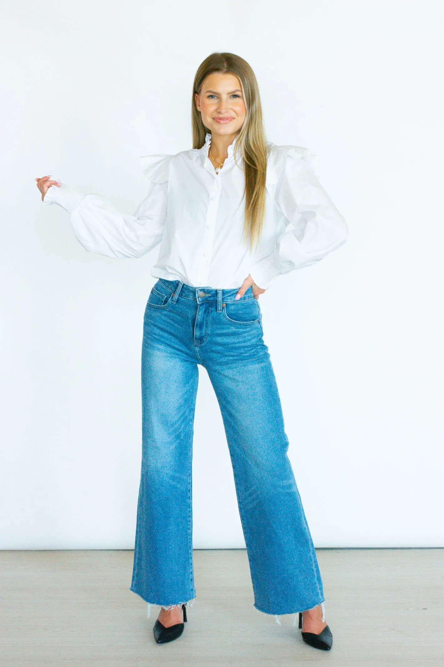 Perfectly Content White Ruffle Blouse