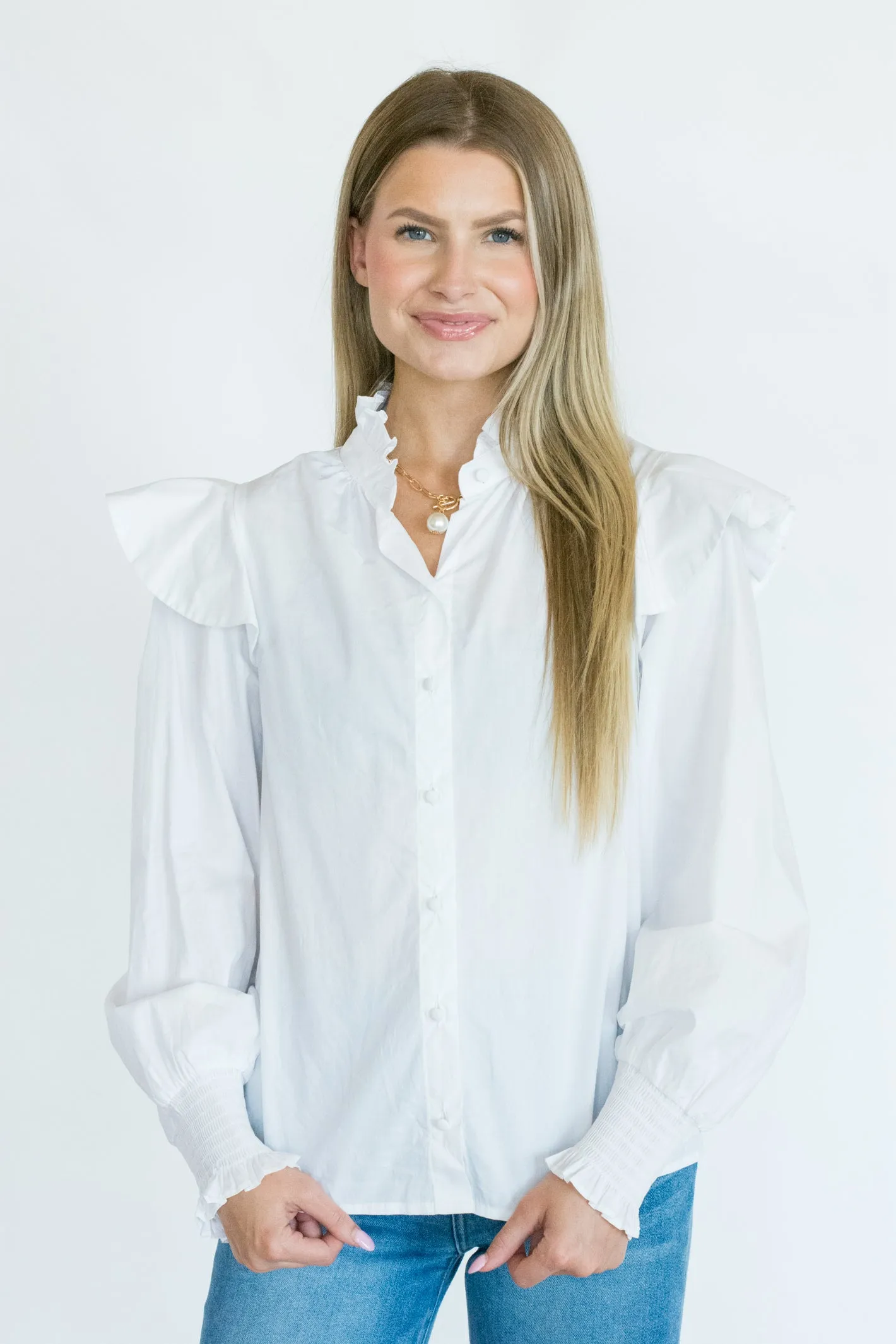 Perfectly Content White Ruffle Blouse