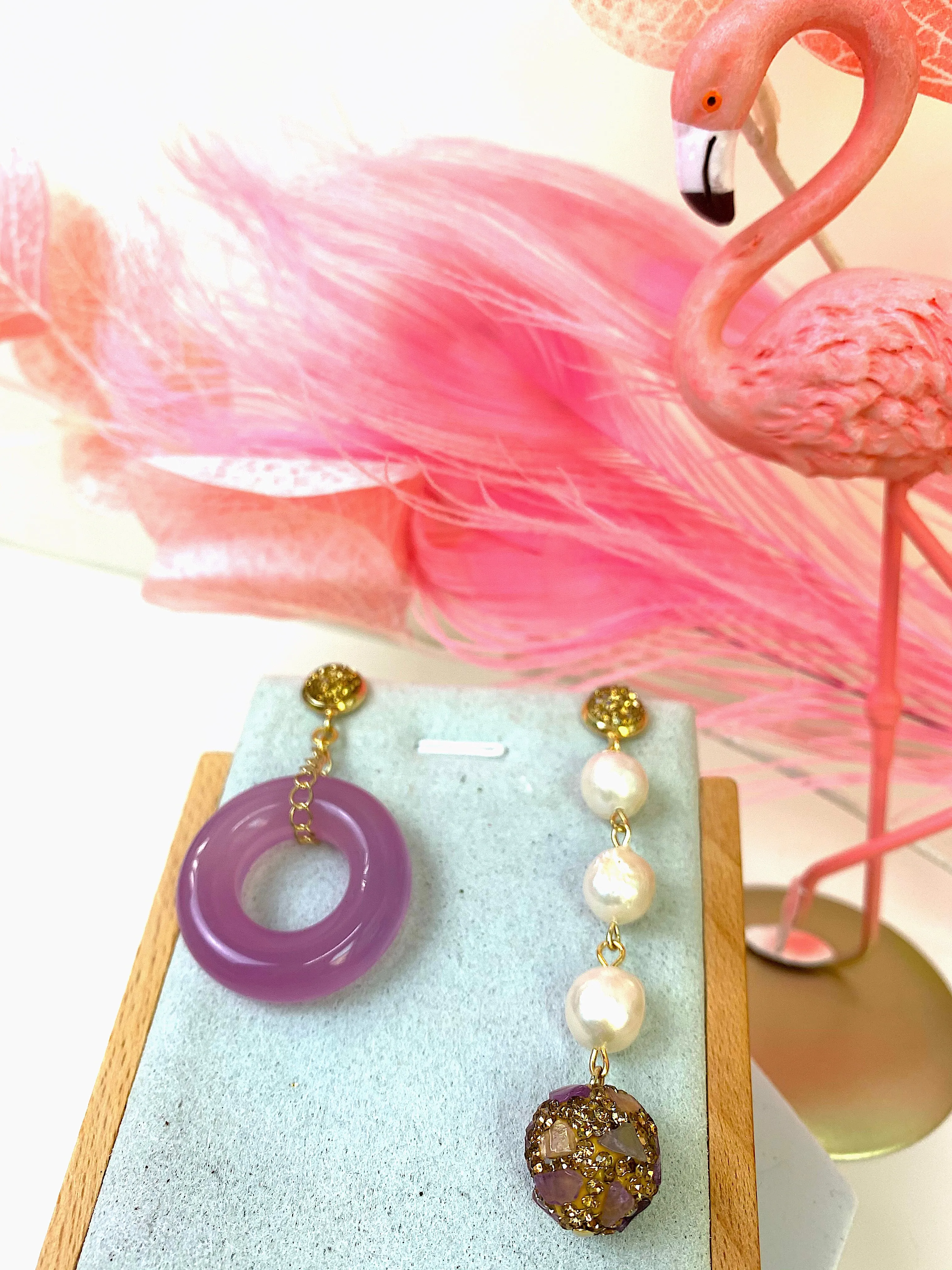 Pink Jade & Freshwater Pearls Asymmetric Earrings EE029