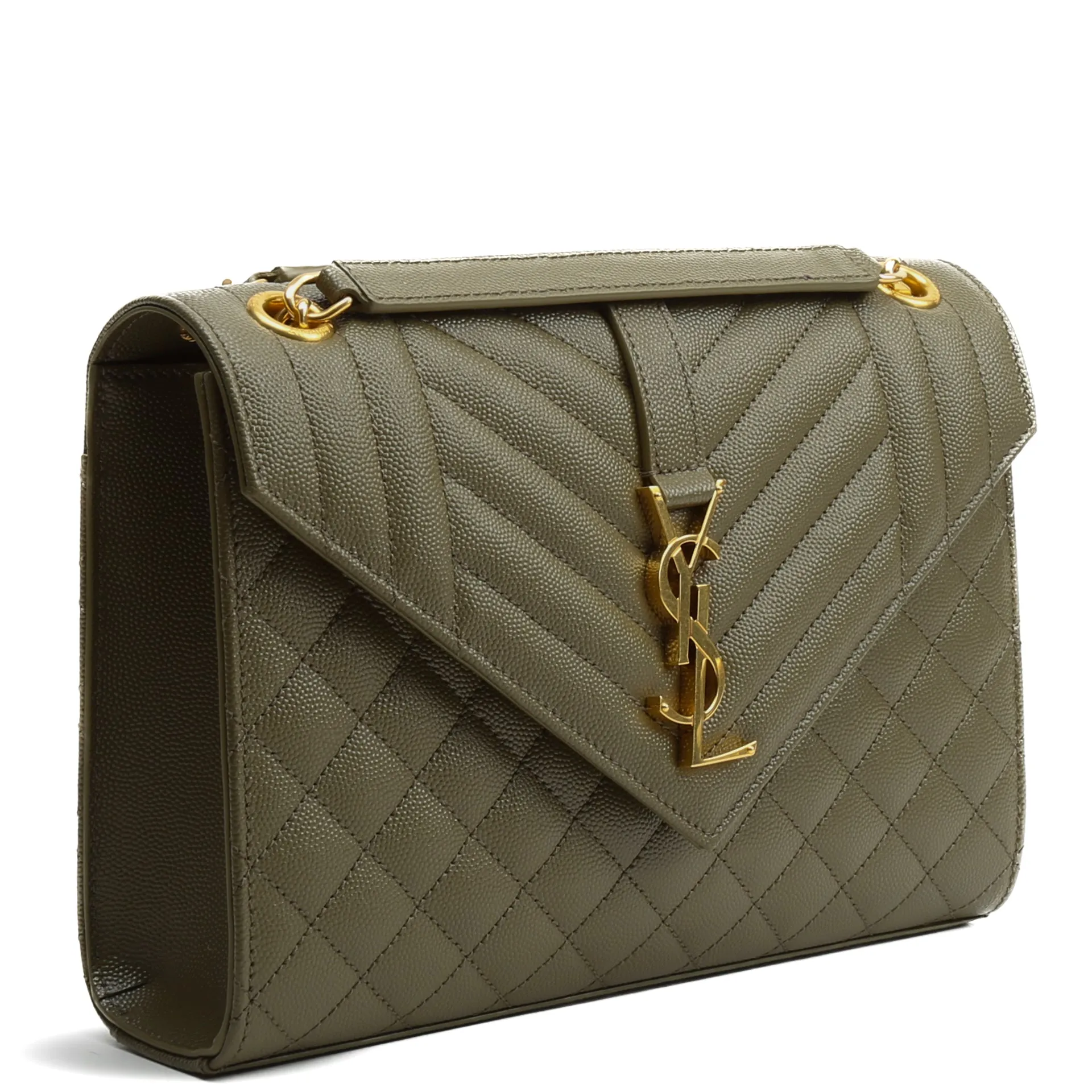 SAINT LAURENT Medium Envelope Triquilt Flap Bag - Khaki