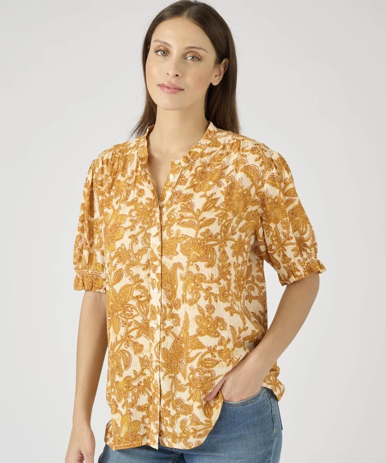 Short Sleeved Gathered Detail Print Blouse