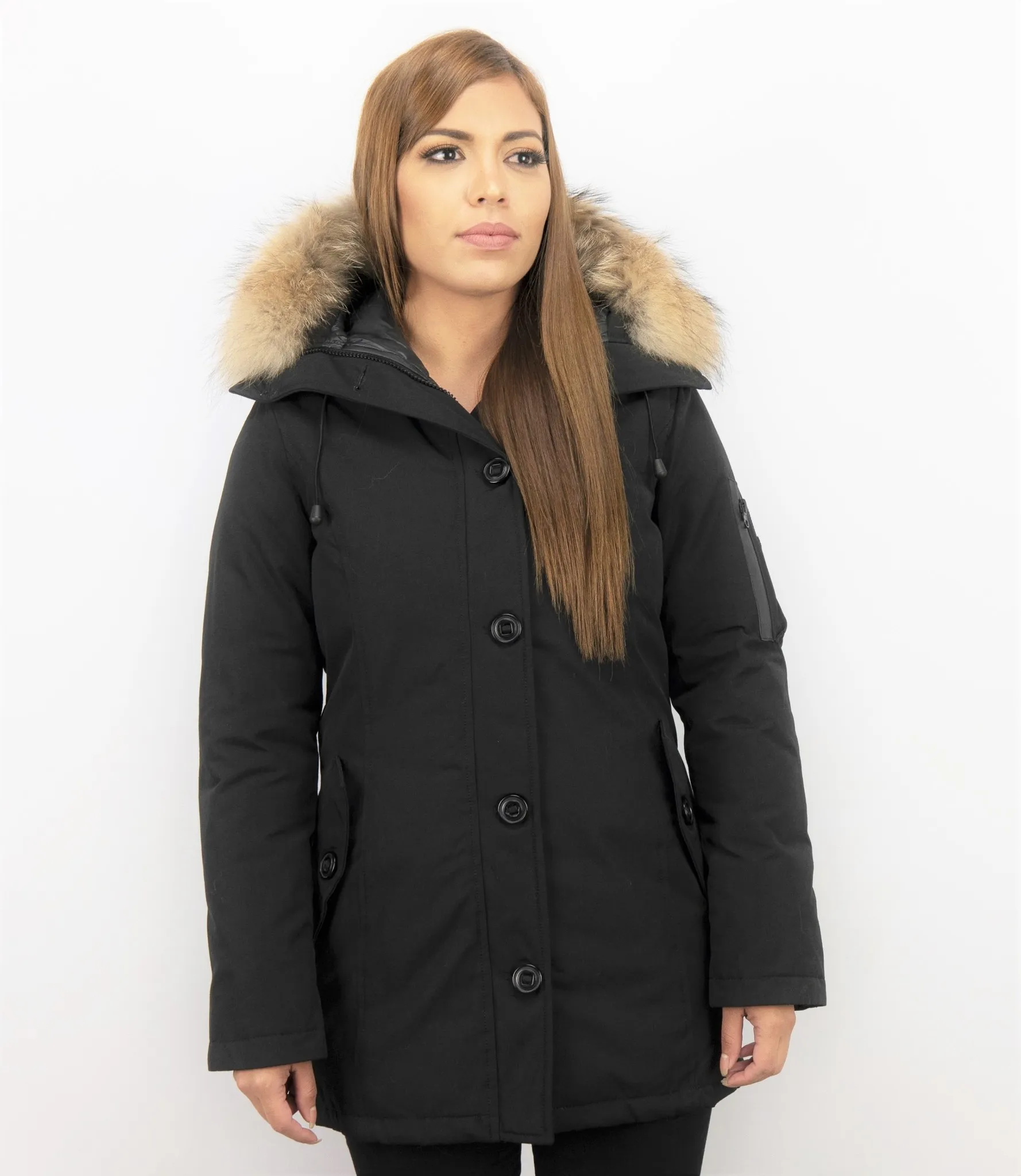 TheBrand Fur Collar Coat - Women's Winter Coat Long - Parka Stitch Bag - Black