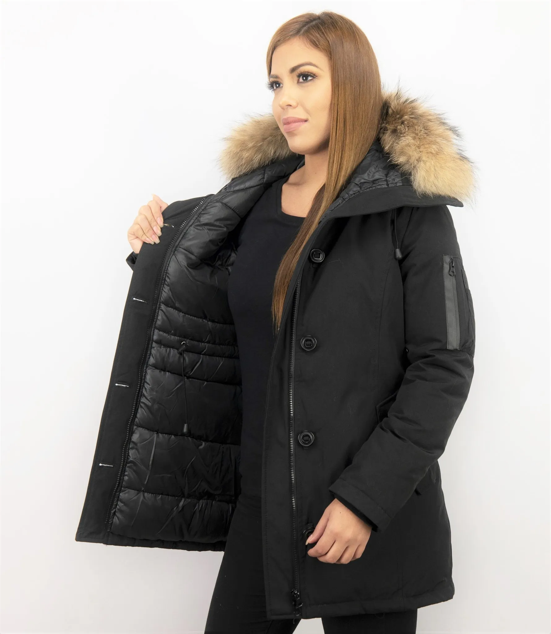 TheBrand Fur Collar Coat - Women's Winter Coat Long - Parka Stitch Bag - Black