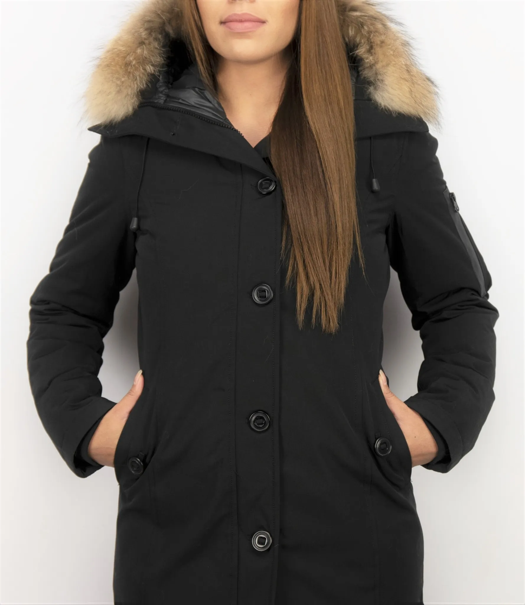 TheBrand Fur Collar Coat - Women's Winter Coat Long - Parka Stitch Bag - Black