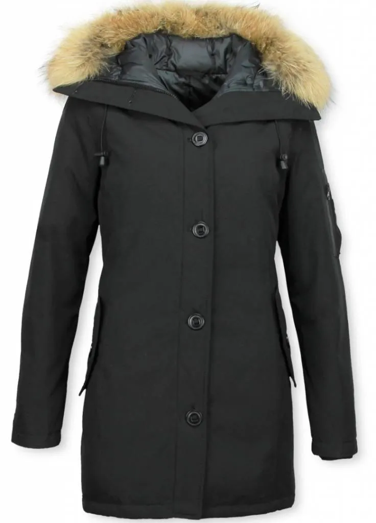 TheBrand Fur Collar Coat - Women's Winter Coat Long - Parka Stitch Bag - Black