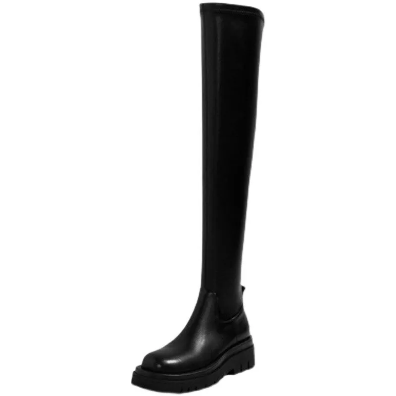 Thick Sole Knee High Boots For Women Chunky Heel Black Long Boots