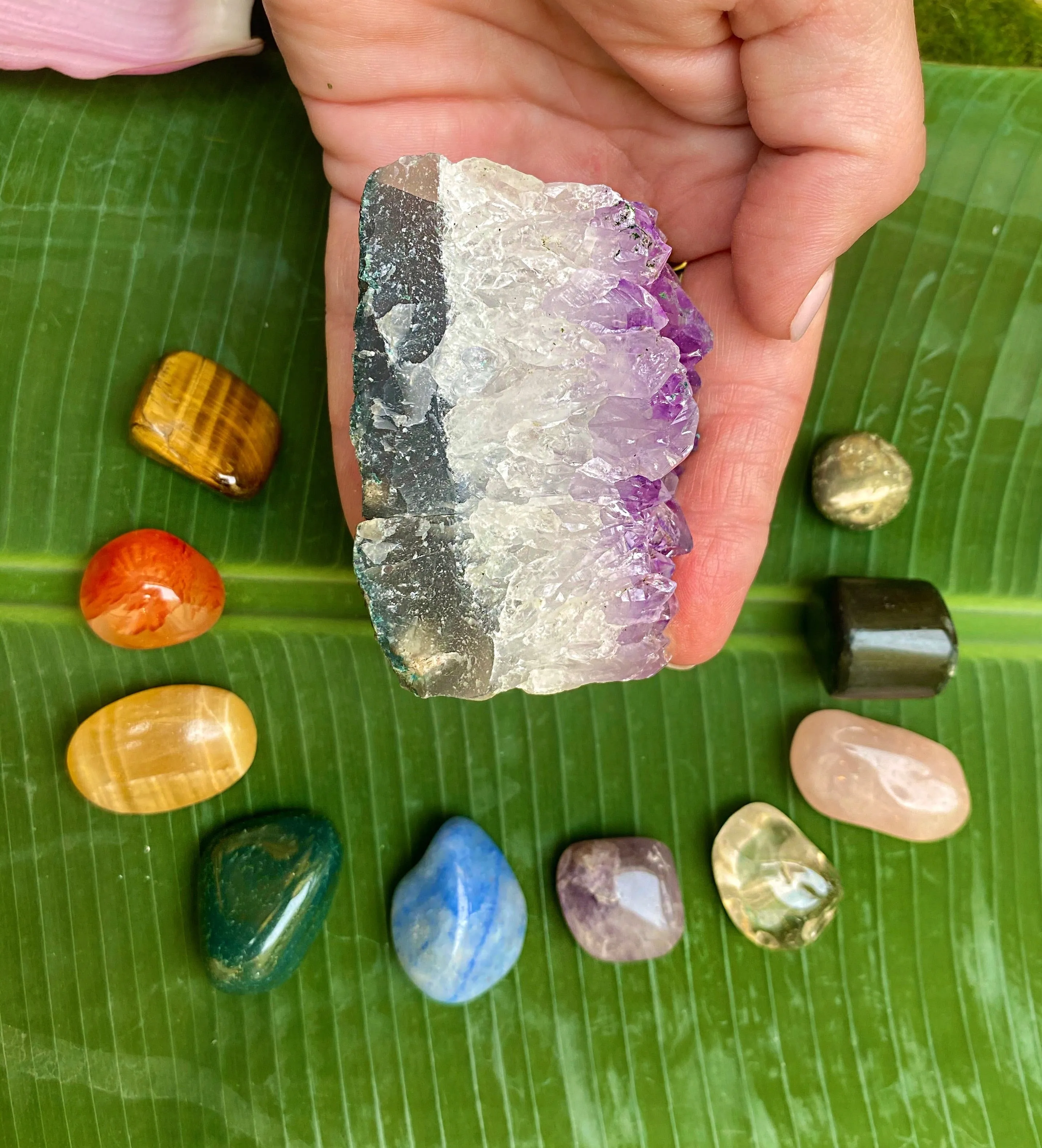 Tumbled Stone Healing Bag with Large Amethyst Crystal