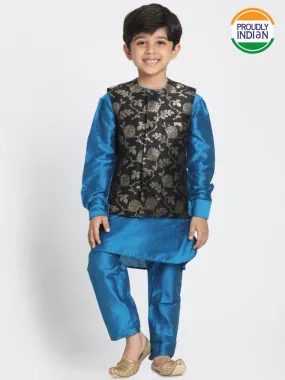 Vastramay Boys' Light Blue Cotton Silk Blend Kurta, Nehru Jacket and Pyjama Set