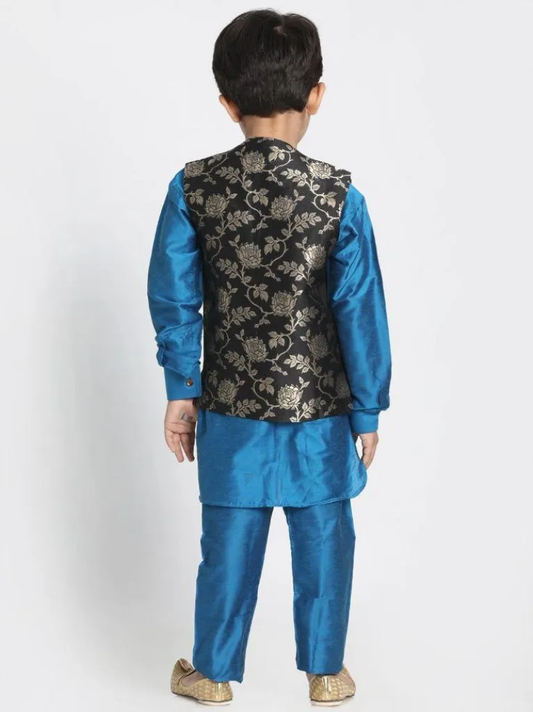 Vastramay Boys' Light Blue Cotton Silk Blend Kurta, Nehru Jacket and Pyjama Set