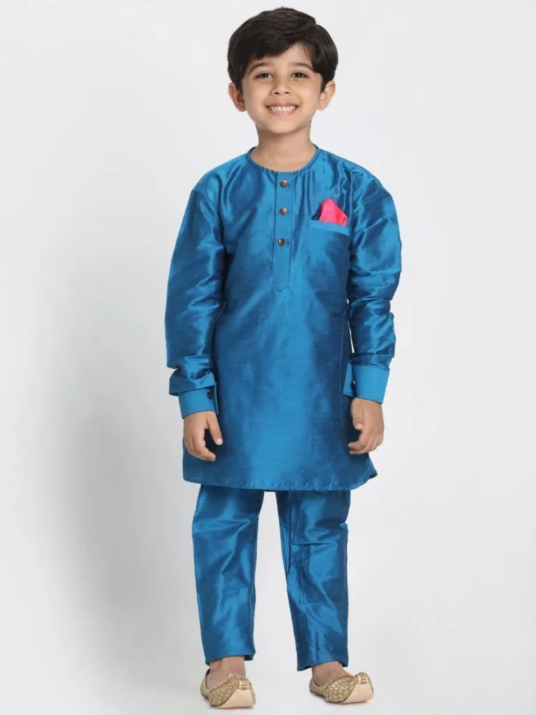 Vastramay Boys' Light Blue Cotton Silk Blend Kurta, Nehru Jacket and Pyjama Set