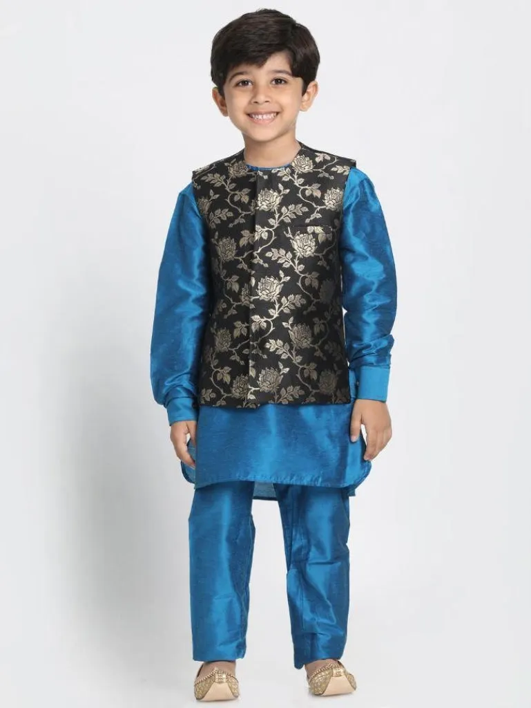 Vastramay Boys' Light Blue Cotton Silk Blend Kurta, Nehru Jacket and Pyjama Set