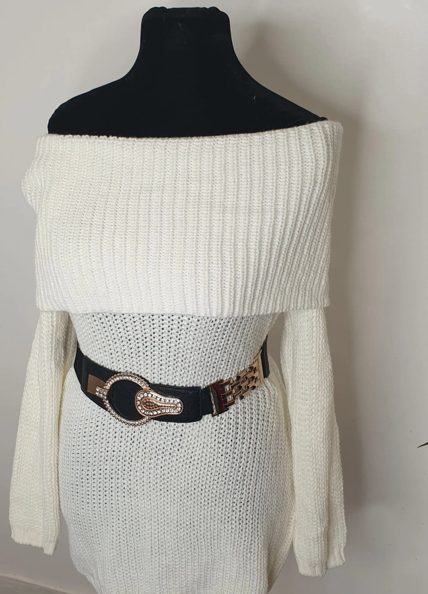 White Off -The Shoulder Knitted Jumper Dress.