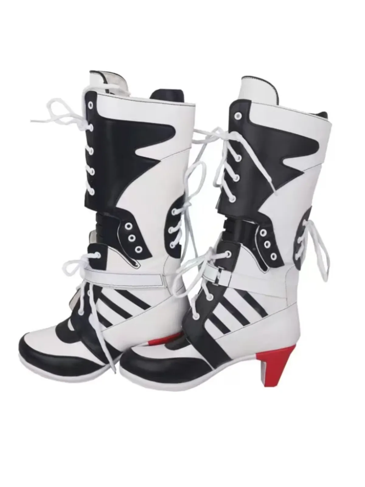 Women Harley Quinn Inspired Black and White Lace-Up Boots