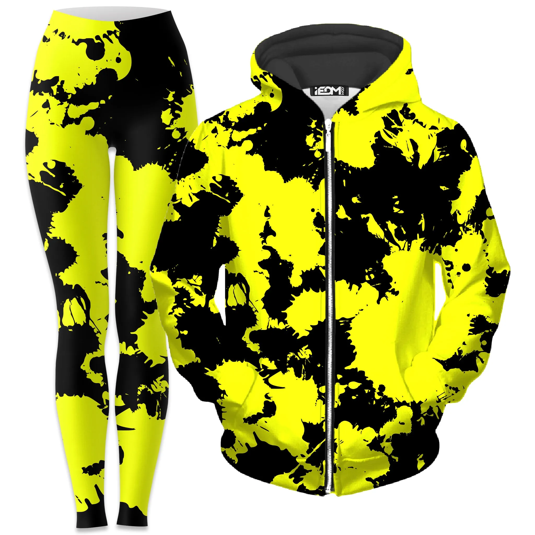 Yellow and Black Paint Splatter Zip-Up Hoodie and Leggings Combo